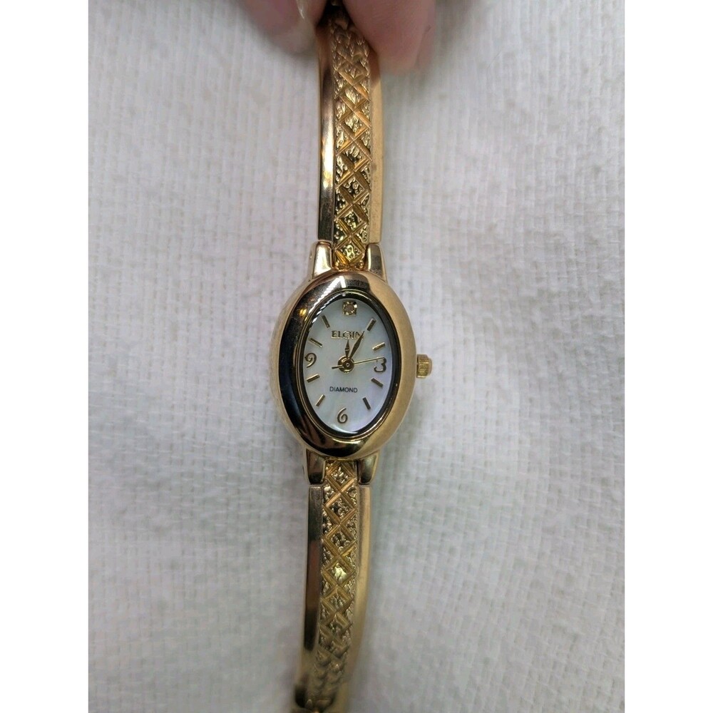 Elgin EG8074 Diamond Cut Half Bangle Watch MOP Dial Gold Tone - UNTESTED - Picture 2 of 9